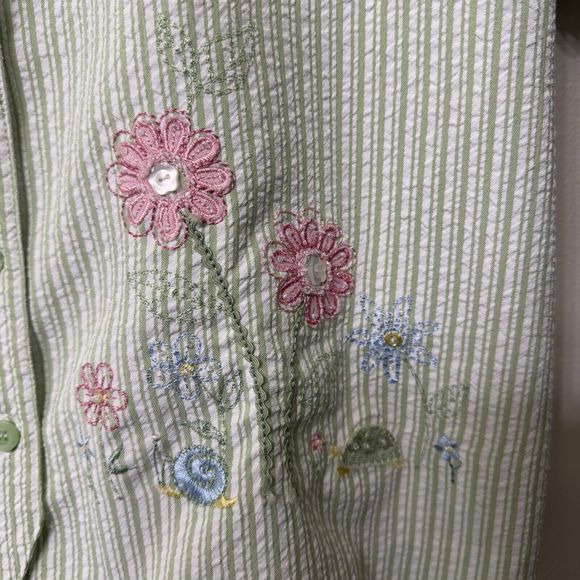 ALFRED DUNNER Womens Size 14P Seersucker Floral Embroidery Button Up Top Green - Picture 4 of 14